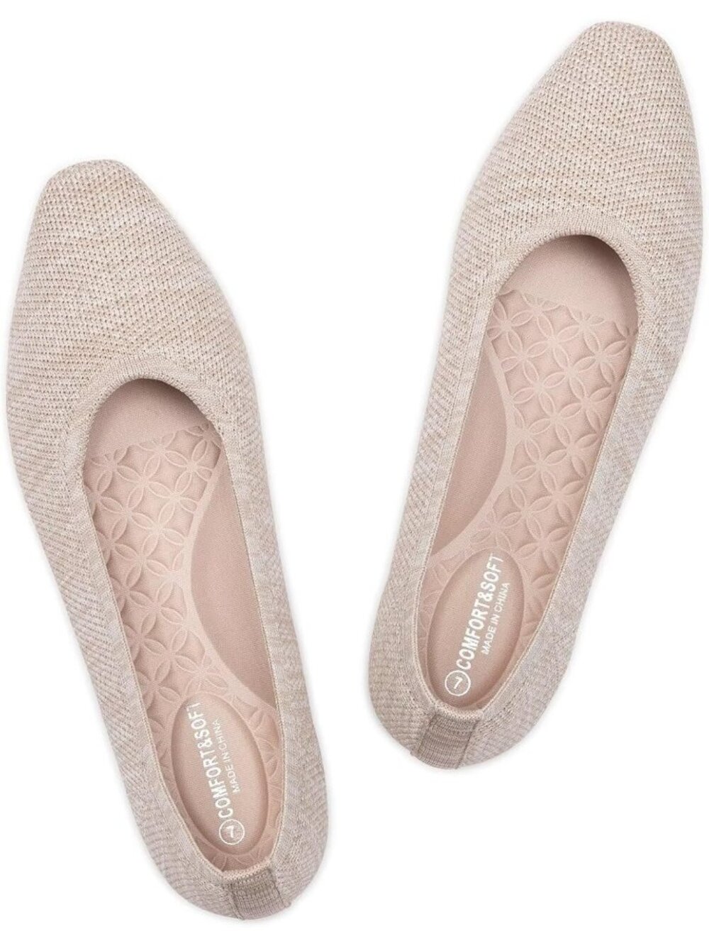 Frank Mully Women's Beige Rubber Knitted Square Toe Flats Lightweight Shoes